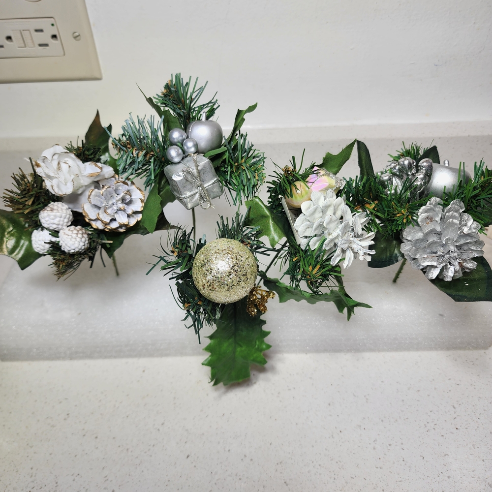 Vintage Floral Picks. Green White and Silver For Holiday Decor 5 Pieces
